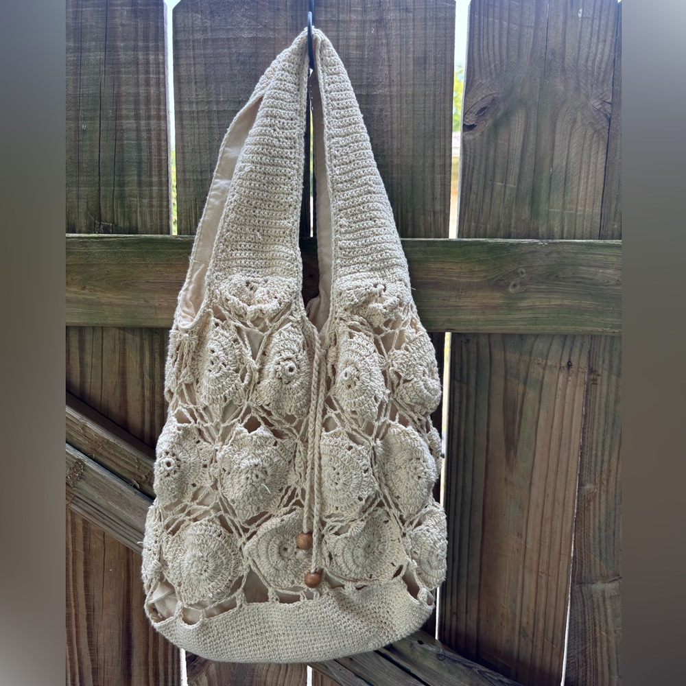 Granny Squares Crochet Fully Lined Ivory Tote Shoulder Bag - Picture 8 of 8